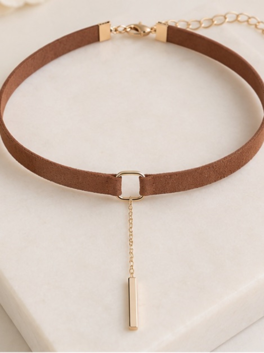 Brown Faux Leather Choker Necklace Bar Pendant - Picture 4 of 9